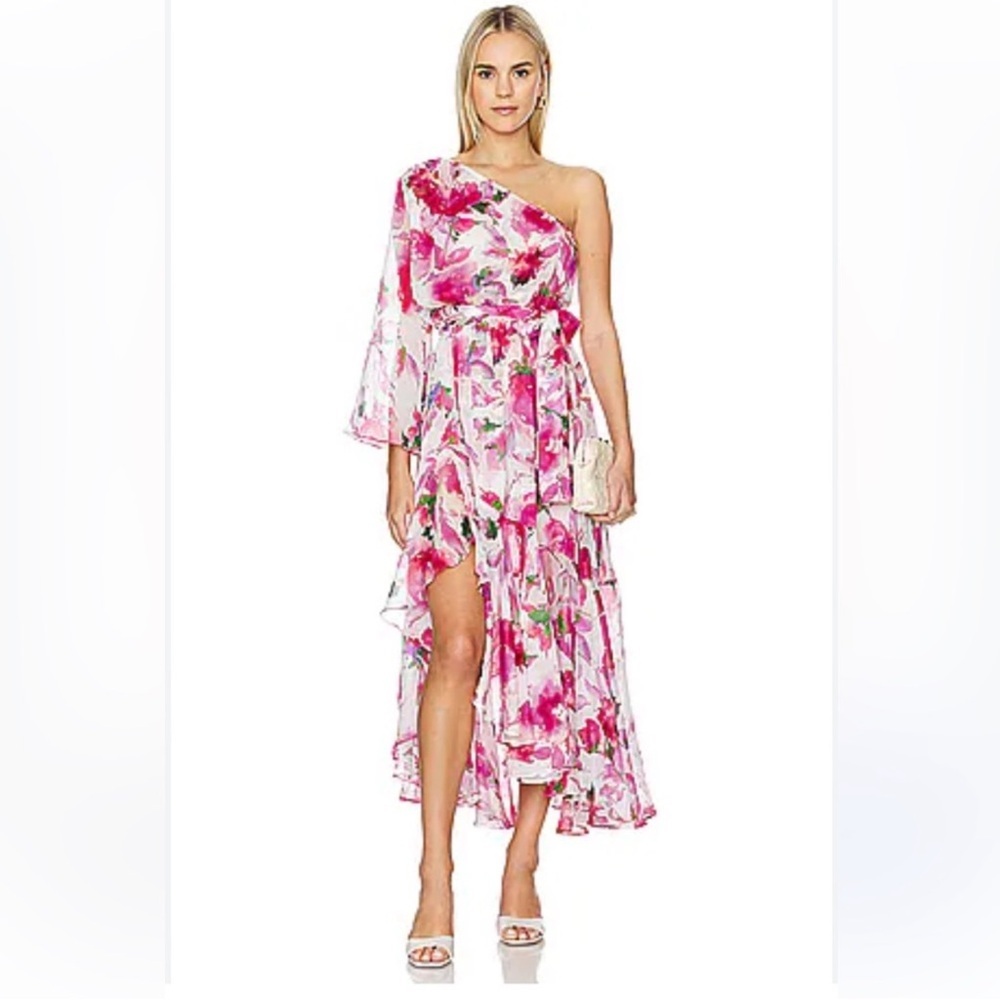 Misa Sabrina Dress One Shoulder Belted Ruffle Midi - Picture 2 of 12